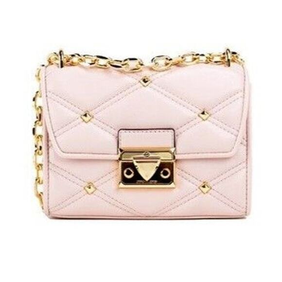 Michael Kors Serena Small Smooth Pink Vegan Leather Studded Flap Crossbody Bag